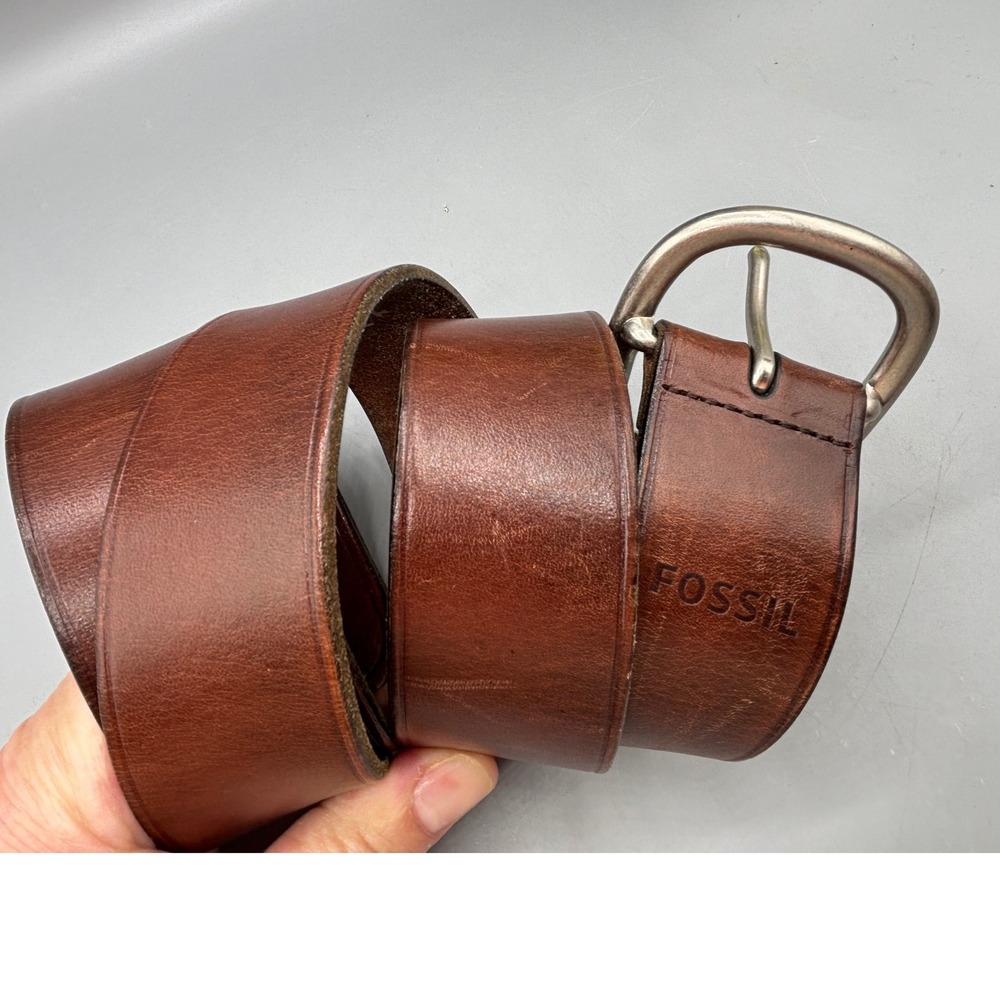 Fossil Leather Belt Mens Size L 36-40 Brown Silver Buckle‎